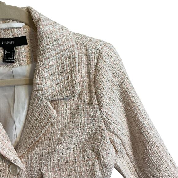 Forever 21 Blazer Women’s SZ S Pink Cream Gold Cropped Tweed Pocket Button Up - Picture 5 of 14